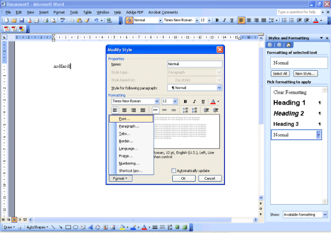 MS Office 2003 Word interface