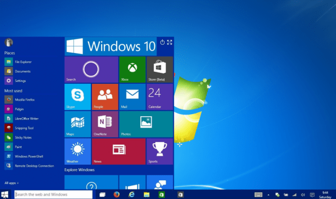Windows 10 Home desktop and Start menu