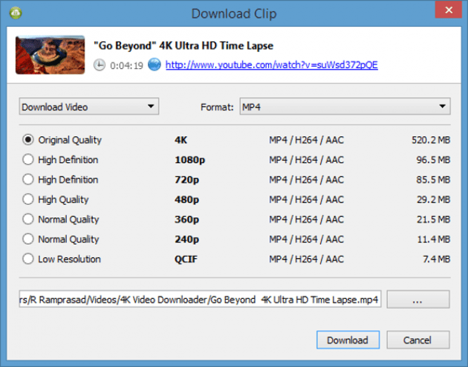 4K Video Downloader download options