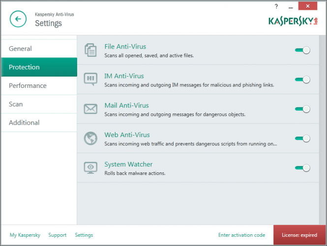 Kaspersky Settings Window