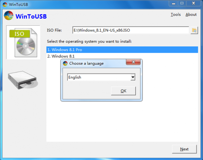 WinToUSB drive and language selection