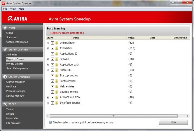 Avira System Speedup interface