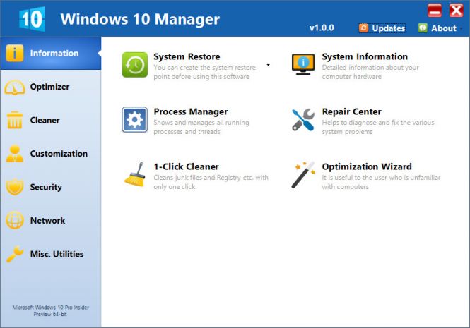 Windows 10 Manager interface