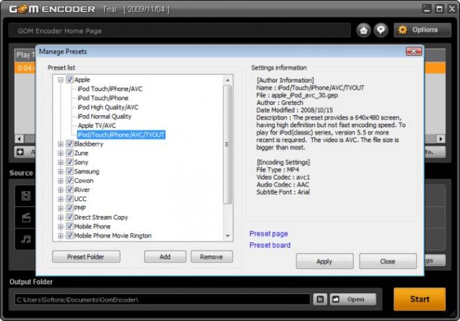 GOM Video Converter settings