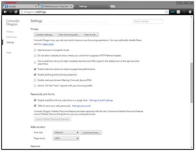 Comodo Dragon settings