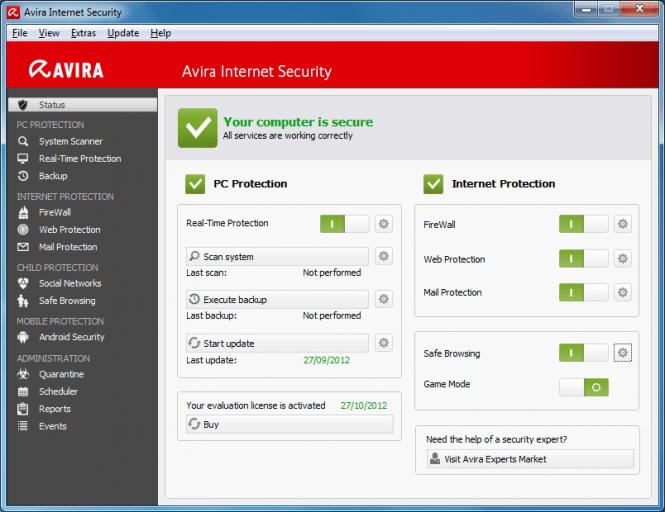 Avira Internet Security  interface