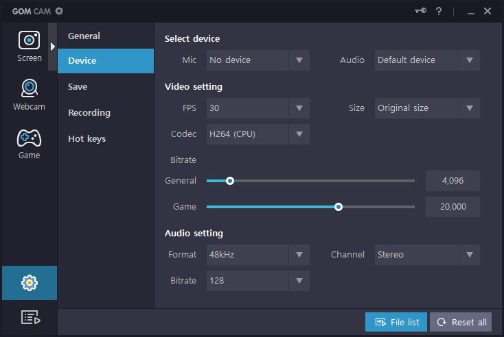 bitrate for gom cam